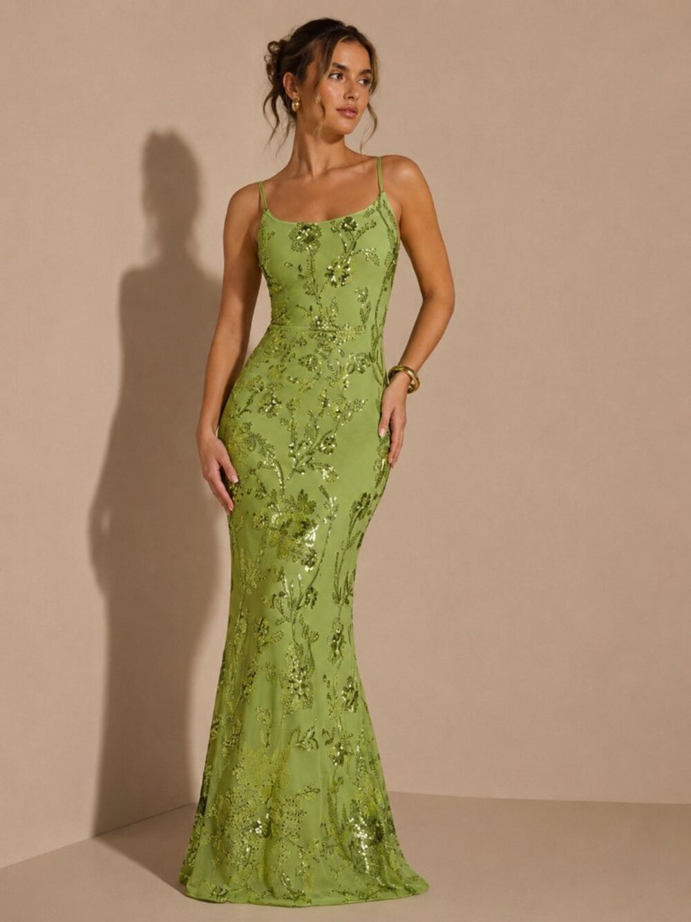 98- NEW Green Floral Sequin Embroidered Lined Maxi Dress